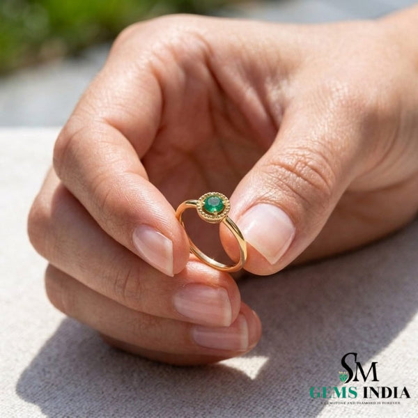 Round Emerald Halo Ring - Delicate Everyday Gold Jewelry