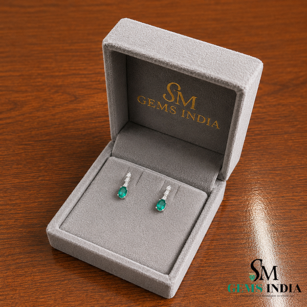 Oval Shape Natural Emerald and Diamond Stud Earrings - Fine Jewelry Gift for Her
