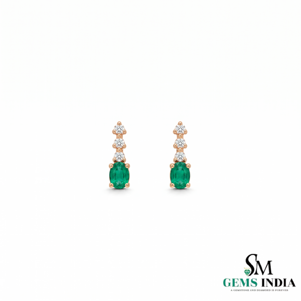 Oval Shape Natural Emerald and Diamond Stud Earrings - Fine Jewelry Gift for Her