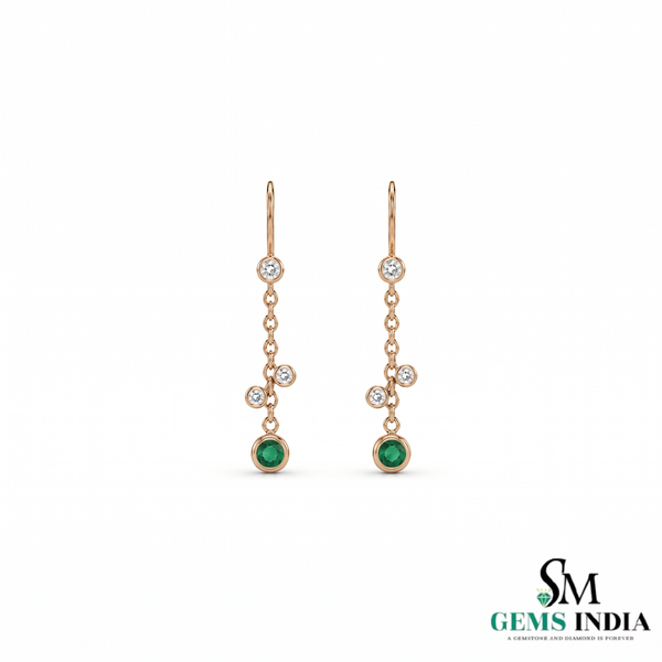 Round Natural Emerald & Diamond Drop Earrings - Gift for Women