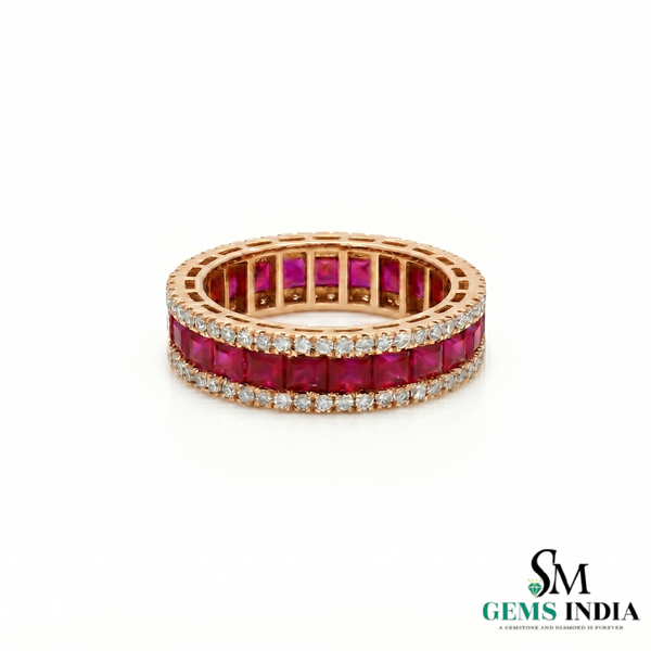 Princess Cut Ruby Eternity Ring with Diamond - Anniversary Gift Ring