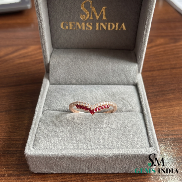 Ruby and Diamond Chevron V Ring in 14K Gold - Promise Ring for Women
