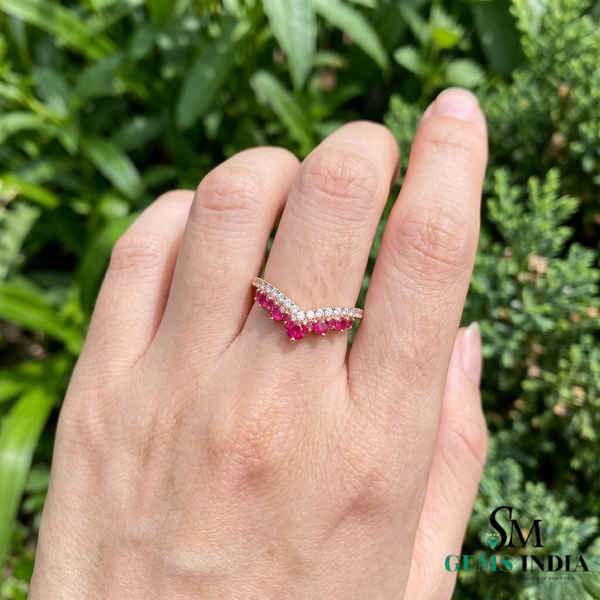 Ruby and Diamond Chevron V Ring in 14K Gold - Promise Ring for Women