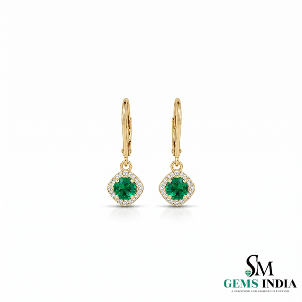 Natural Emerald & Diamond Drop Earrings - Round Halo Dangle Earrings