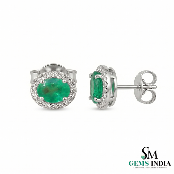 Oval Natural Emerald & Diamond Halo Stud Earrings - Timeless Fine Jewelry