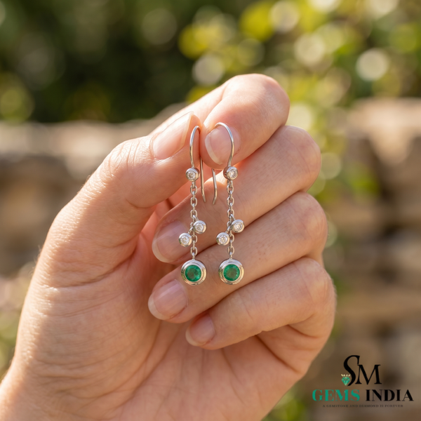 Round Natural Emerald & Diamond Drop Earrings - Gift for Women