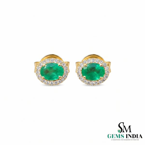 Oval Natural Emerald & Diamond Halo Stud Earrings - Timeless Fine Jewelry