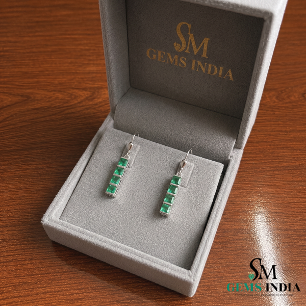 Princess Cut Emerald Dangle Earrings - Minimalist Green Gemstone Jewelry