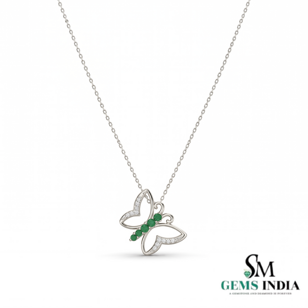 Round Emerald & Diamond Butterfly Pendant for Women - Elegant Women's Jewelry
