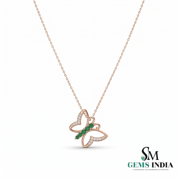 Round Emerald & Diamond Butterfly Pendant for Women - Elegant Women's Jewelry