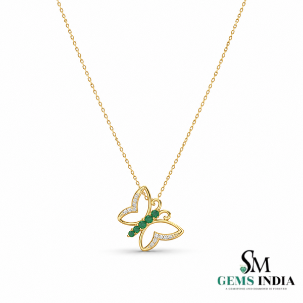 Round Emerald & Diamond Butterfly Pendant for Women - Elegant Women's Jewelry
