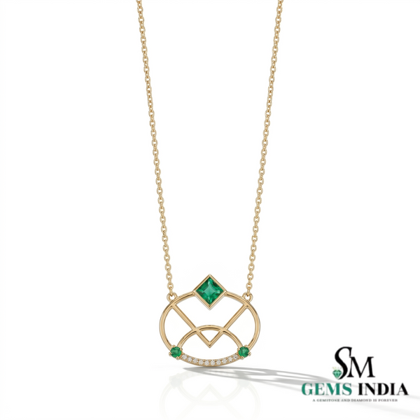 14K Gold Geometric Emerald & Diamond Pendant Necklace for Women - Modern Fine Jewelry