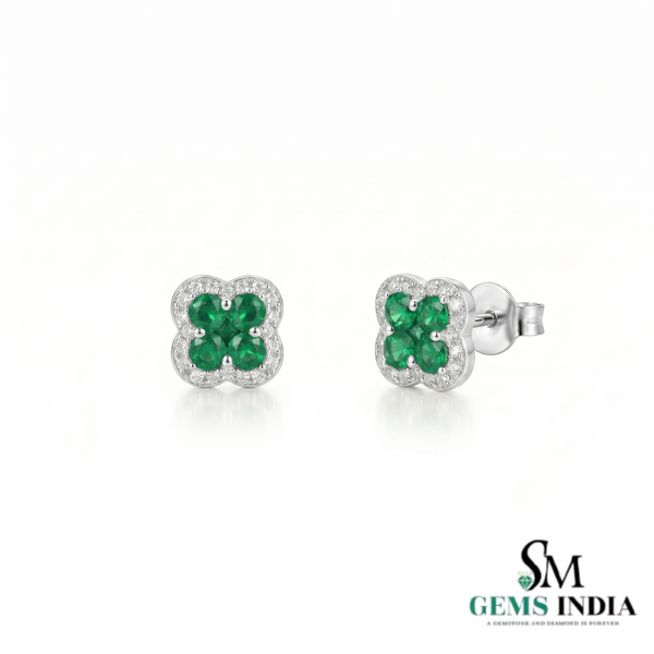 Round And Square Emerald Halo Stud Earrings - Emerald & Diamond Clover Earrings