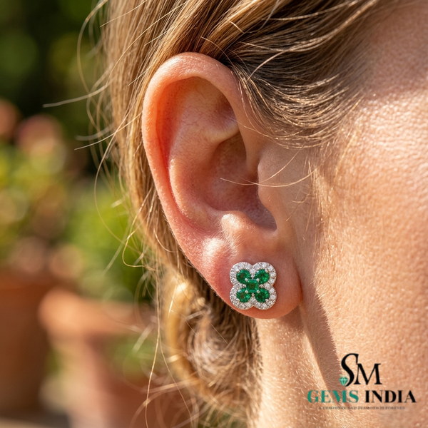 Round And Square Emerald Halo Stud Earrings - Emerald & Diamond Clover Earrings