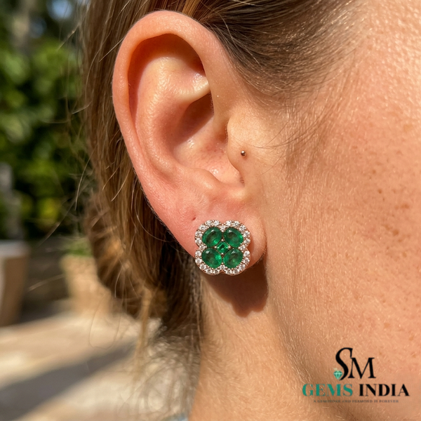 Natural Oval and Square Emerald Flower Cluster Earrings with Diamond Halo - Timeless Fine Jewelry Gift