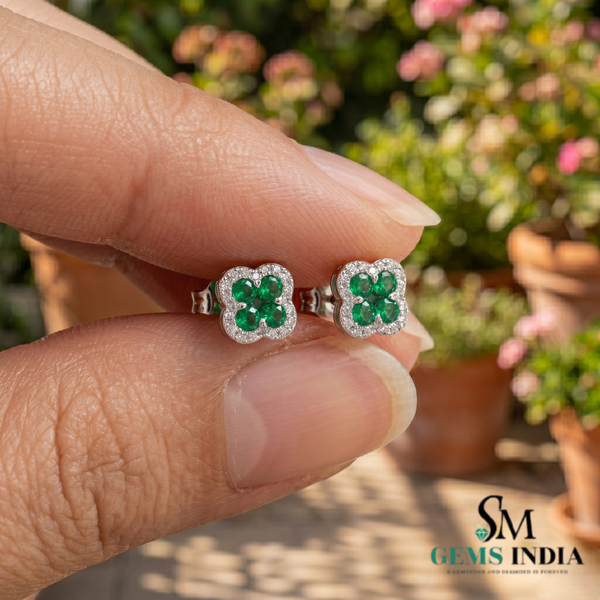 Round And Square Emerald Halo Stud Earrings - Emerald & Diamond Clover Earrings