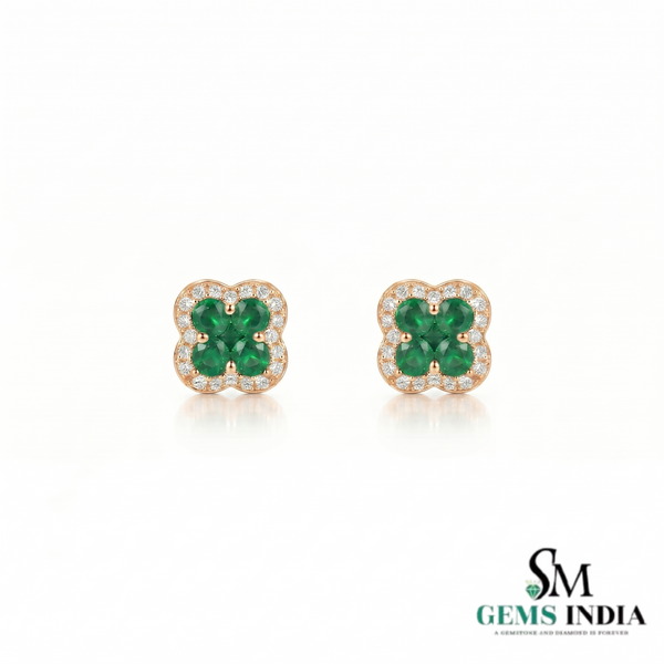 Round And Square Emerald Halo Stud Earrings - Emerald & Diamond Clover Earrings