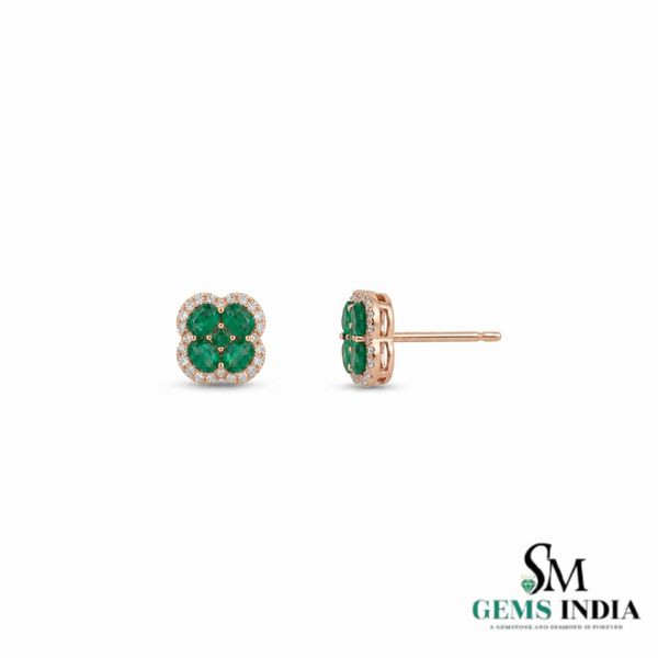 Natural Oval and Square Emerald Flower Cluster Earrings with Diamond Halo - Timeless Fine Jewelry Gift