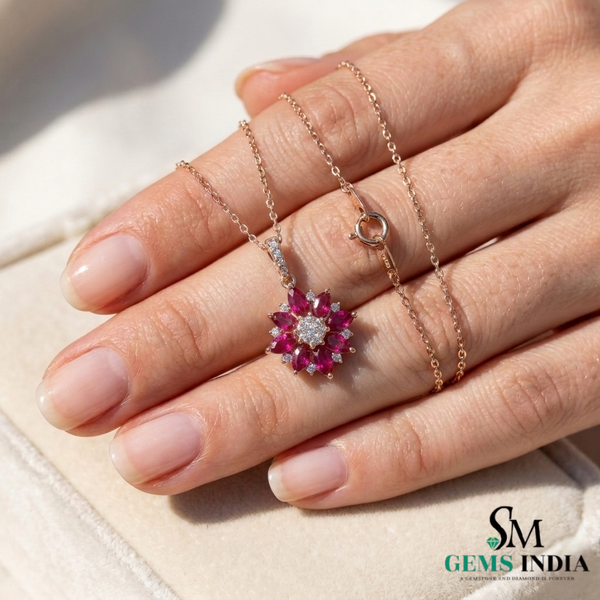 Marquise Ruby Floral Cluster Diamond Pendant Necklace - Fine Jewelry Necklace