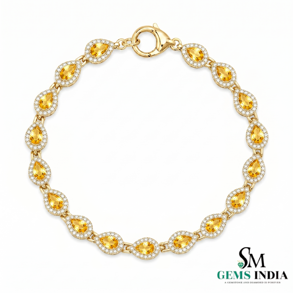 Natural Pear Cut Citrine & Diamond Halo Tennis Bracelet - November Birthstone Jewelry