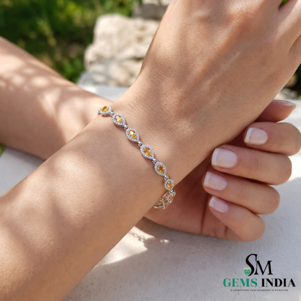Natural Pear Cut Citrine & Diamond Halo Tennis Bracelet - November Birthstone Jewelry