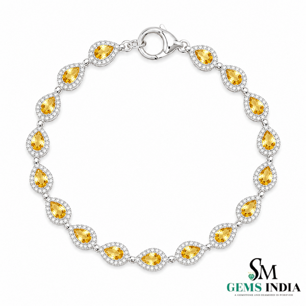 Natural Pear Cut Citrine & Diamond Halo Tennis Bracelet - November Birthstone Jewelry