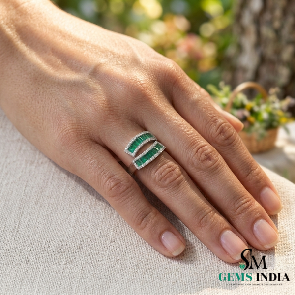 Curved Emerald Baguette & Diamond Wrap Ring - Double Row Emerald Band Statement Ring