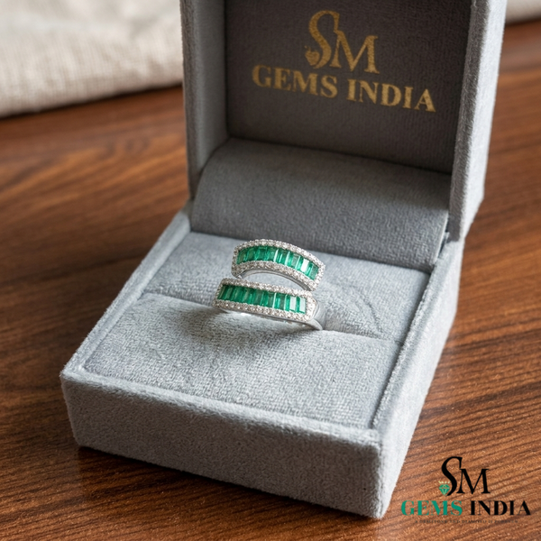Curved Emerald Baguette & Diamond Wrap Ring - Double Row Emerald Band Statement Ring