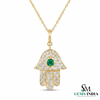 Hamsa Hand Pendant with Emerald Center Stone and Diamond - Green Gemstone Jewelry