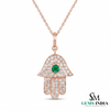 Hamsa Hand Pendant with Emerald Center Stone and Diamond - Green Gemstone Jewelry