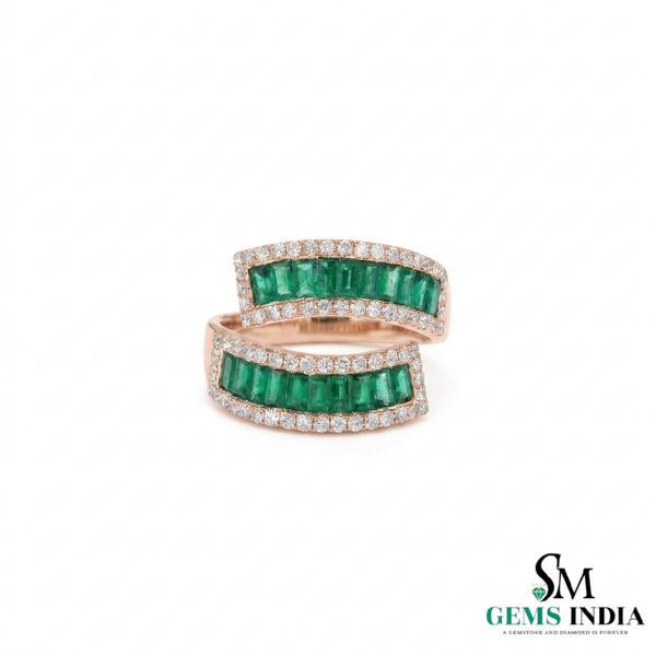 Curved Emerald Baguette & Diamond Wrap Ring - Double Row Emerald Band Statement Ring