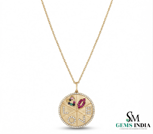 Multicolor Gemstone Heart Disc Charm Fine Jewelry - Diamond LOVE Medallion Pendant
