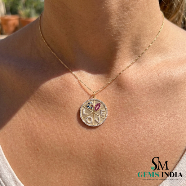 Multicolor Gemstone Heart Disc Charm Fine Jewelry - Diamond LOVE Medallion Pendant