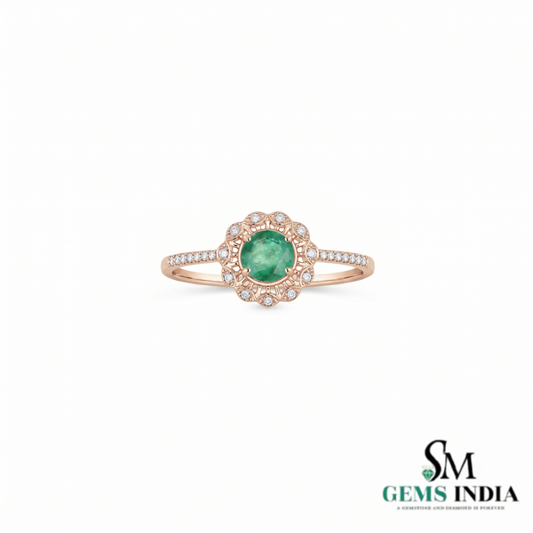 Round Emerald Diamond Floral Promise Ring for Women - Anniversary Gift