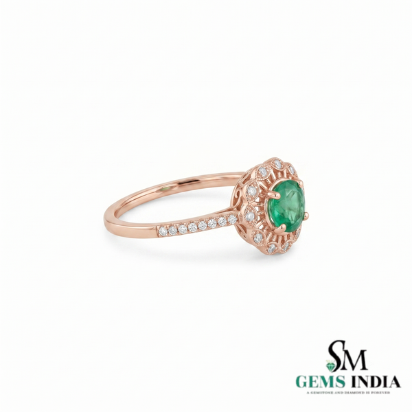 Round Emerald Diamond Floral Promise Ring for Women - Anniversary Gift