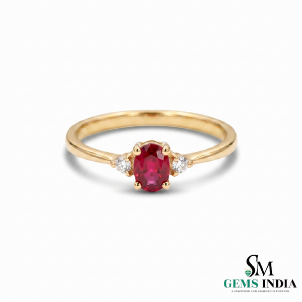 Minimalist Oval Ruby Ring with Diamond Side Stones – Timeless Elegant Style