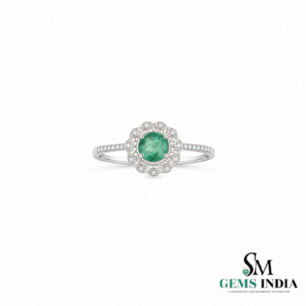Round Emerald Diamond Floral Promise Ring for Women - Anniversary Gift