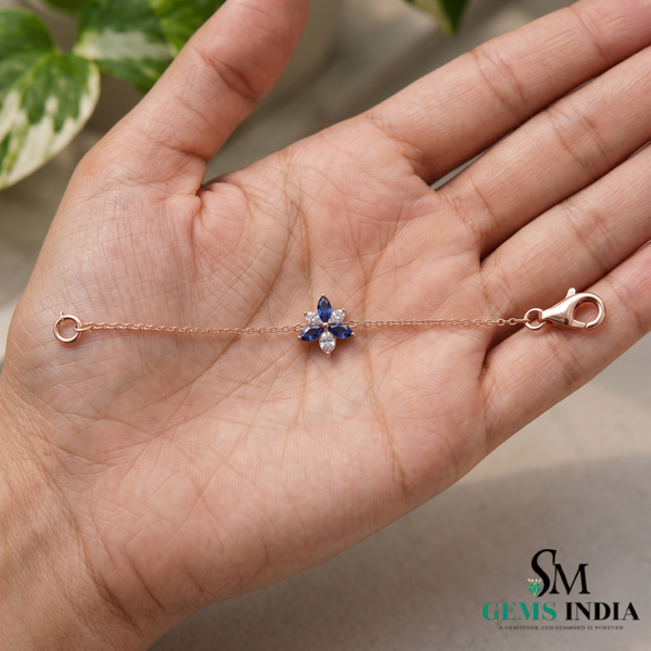 Marquise-Cut Blue Sapphire Floral Station Bracelet - Anniversary Gift for Her