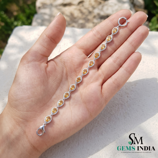Natural Pear Cut Citrine & Diamond Halo Tennis Bracelet - November Birthstone Jewelry