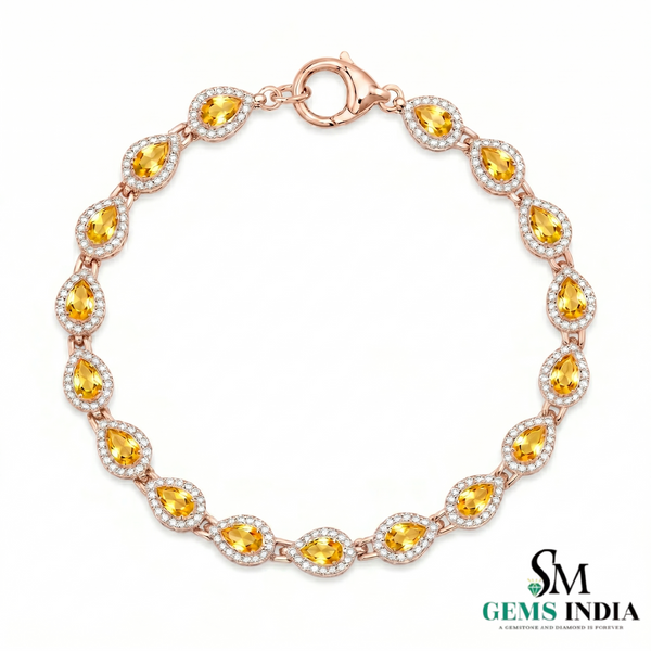 Natural Pear Cut Citrine & Diamond Halo Tennis Bracelet - November Birthstone Jewelry
