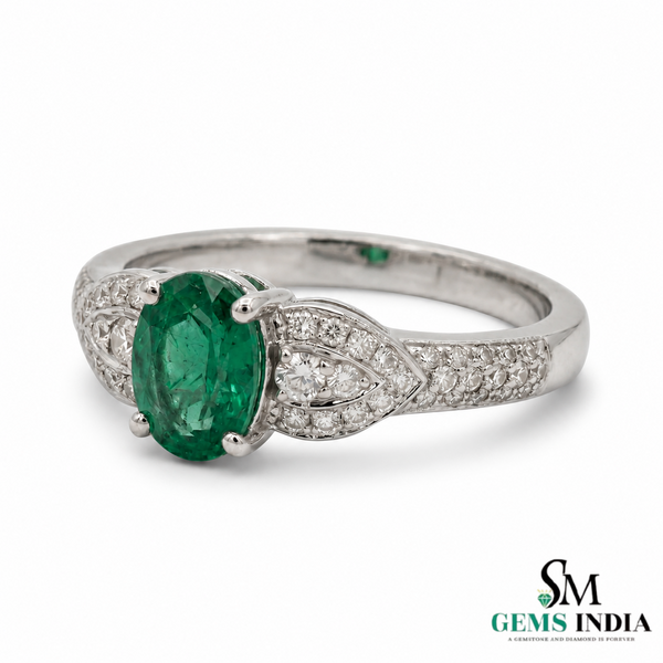 Natural Oval Emerald & Diamond Vintage Ring in 14k Gold - Art Deco Emerald Engagement Ring