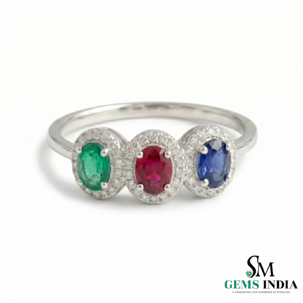 Oval Multi Sapphire And Diamond Halo Three Stone Ring - Fine Jewelry Gift for Women