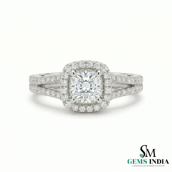 Cushion Cut Lab Grown Diamond Halo Ring in 14K Gold - Split Shank Engagement Ring
