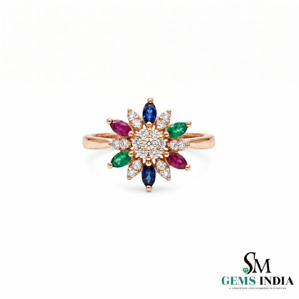Rainbow Sapphire Flower Ring – Marquise Sapphire Diamond Statement Ring