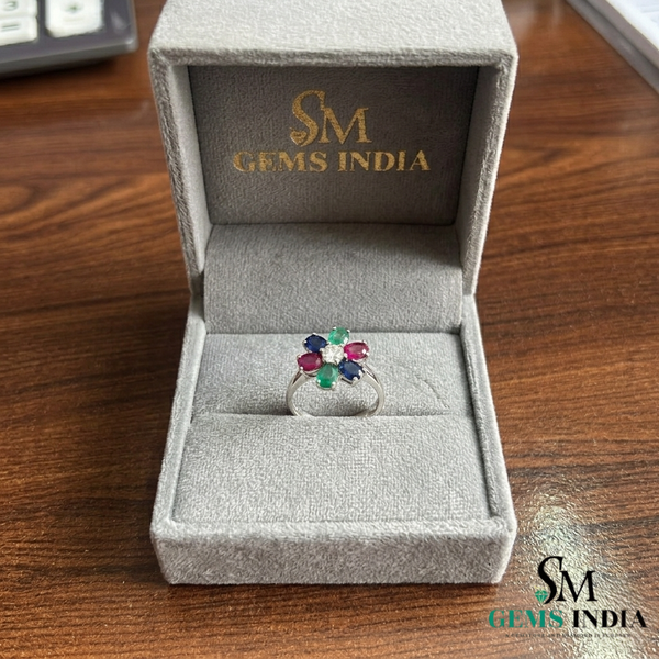 Oval shape Multi Gemstone Diamond Floral Ring - Cocktail Ring for Women