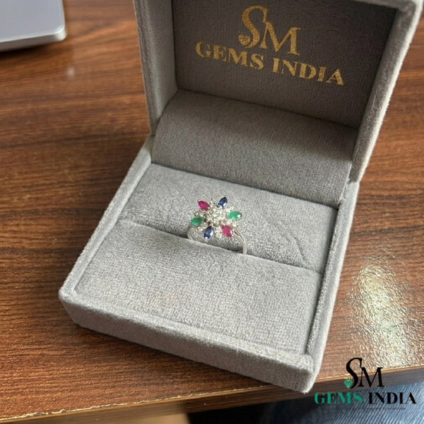 Rainbow Sapphire Flower Ring – Marquise Sapphire Diamond Statement Ring