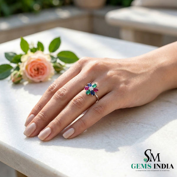 Oval shape Multi Gemstone Diamond Floral Ring - Cocktail Ring for Women