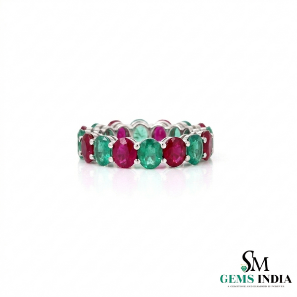 Ruby & Emerald Eternity Band Ring – Oval Gemstone Stackable Wedding Band