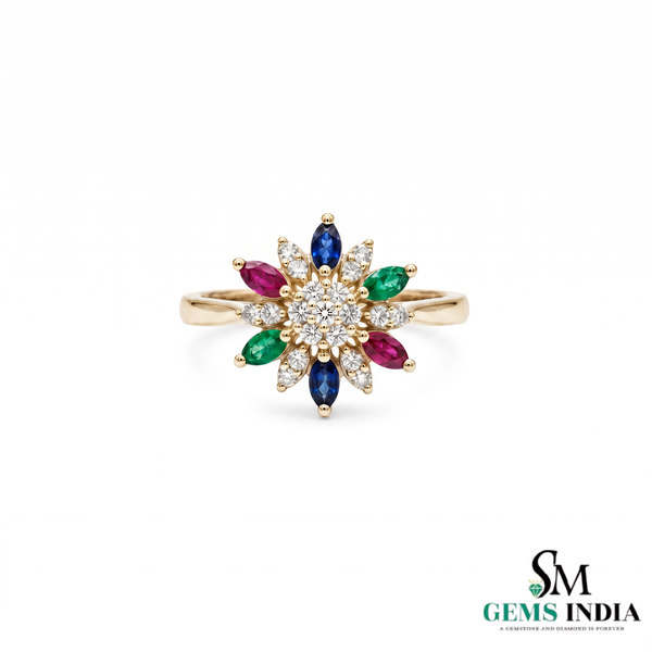 Rainbow Sapphire Flower Ring – Marquise Sapphire Diamond Statement Ring