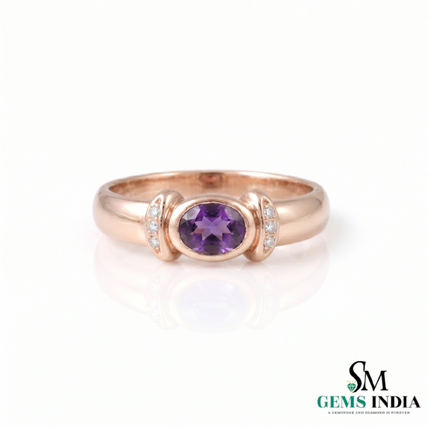 Natural Amethyst & Diamond Bezel Set Ring - Oval Gemstone Promise Ring for Her